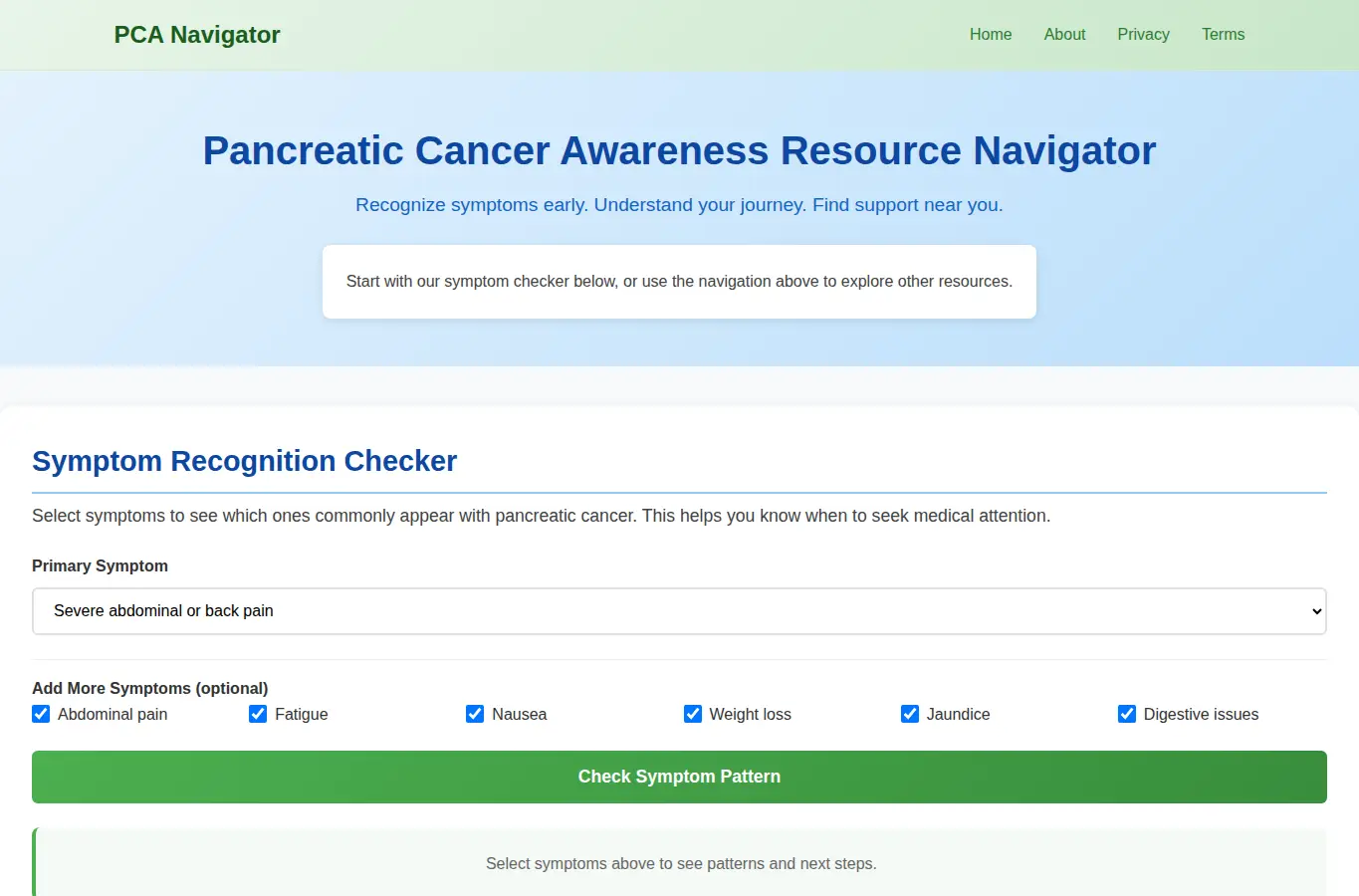 Screenshot of Pancreatic Cancer Awareness Resource Navigator interface showing the project page in use